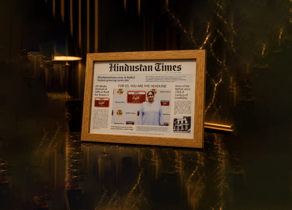 Framed Hindustan Times front page from the HT Media Festival of Gifts