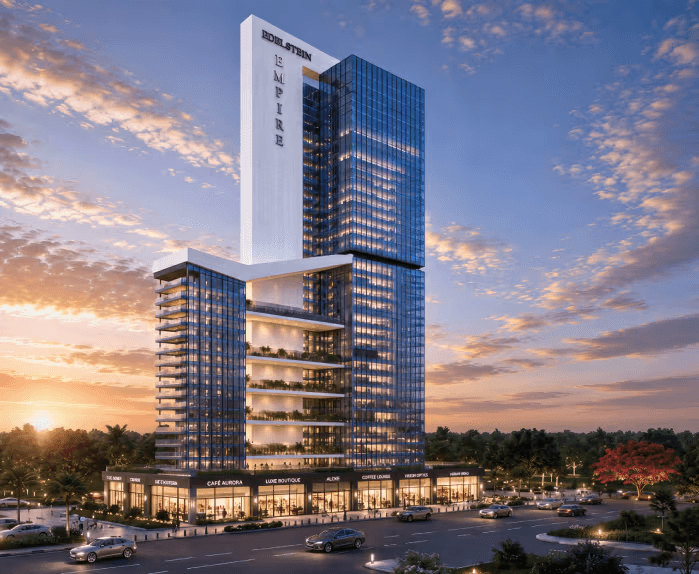 3D exterior render of the Edelstein Empire glass tower with retail at street level at sunset