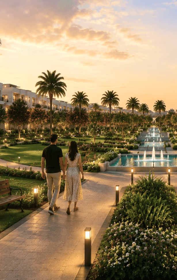 3D landscape render of a couple walking a palm-lined promenade past tiered fountains at dusk