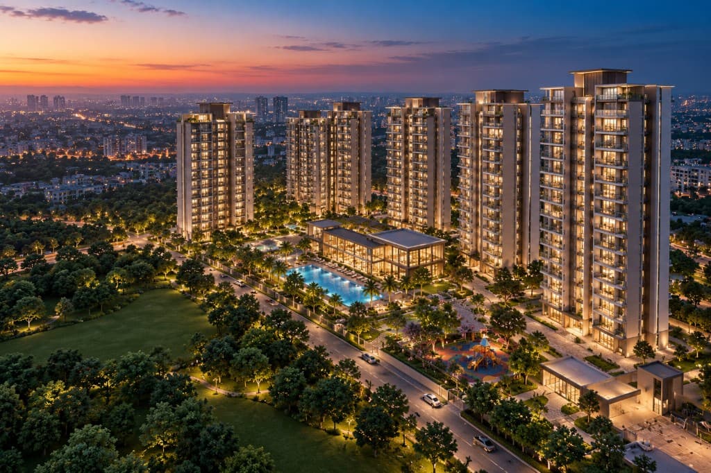 3D aerial render of a high-rise residential township at dusk with a lit clubhouse, pool and landscaped greens