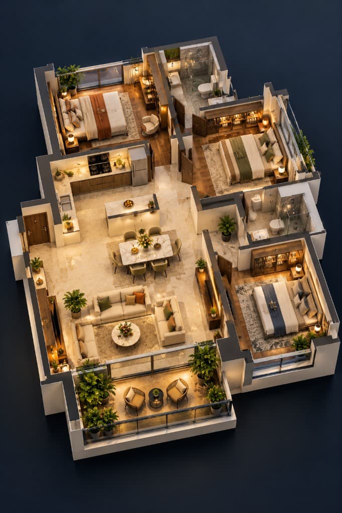 3D cutaway floor plan of a furnished three-bedroom apartment with living, dining, kitchen and balcony