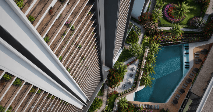 3D top-down render looking down a tower's planted balconies onto a landscaped pool deck and gardens