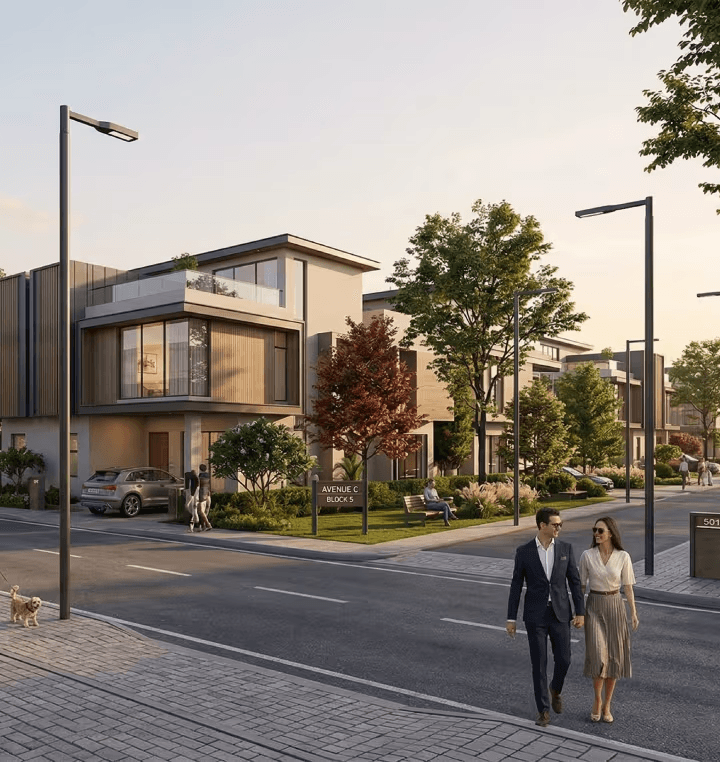 3D streetscape render of modern villas along a tree-lined avenue with residents walking by